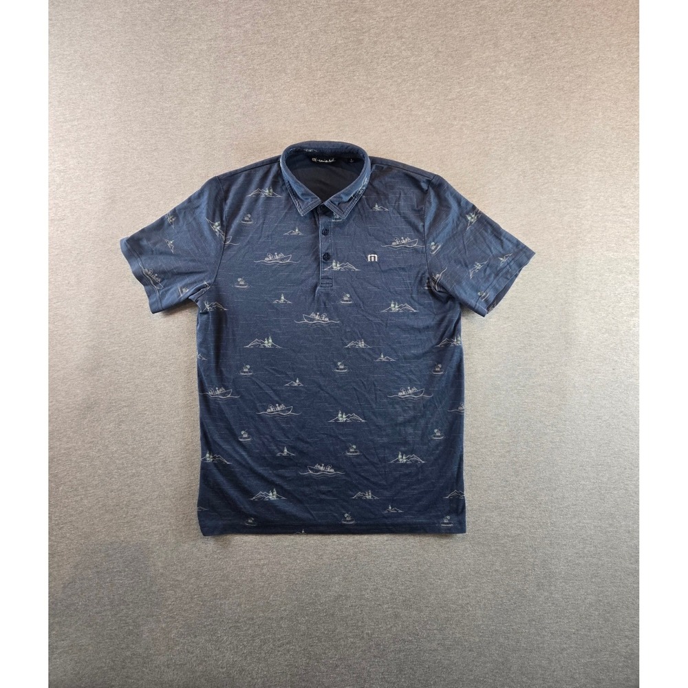 Travis Mathew Polo Shirt Mens L Navy Nautical Boat Print 1MWV113 Short Sleeve